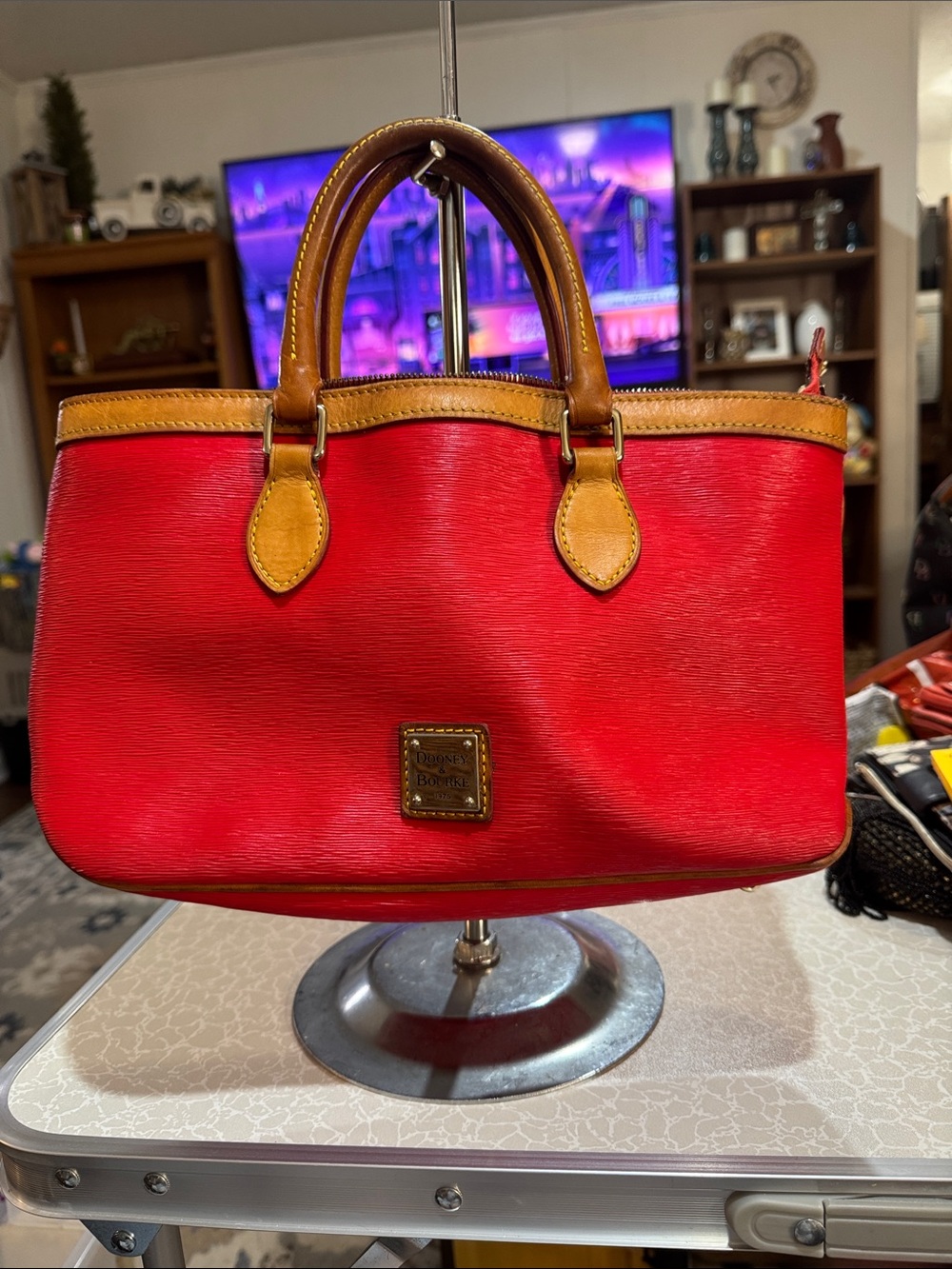 Dooney & Bourke Red Leather Satchel with Brown Trim